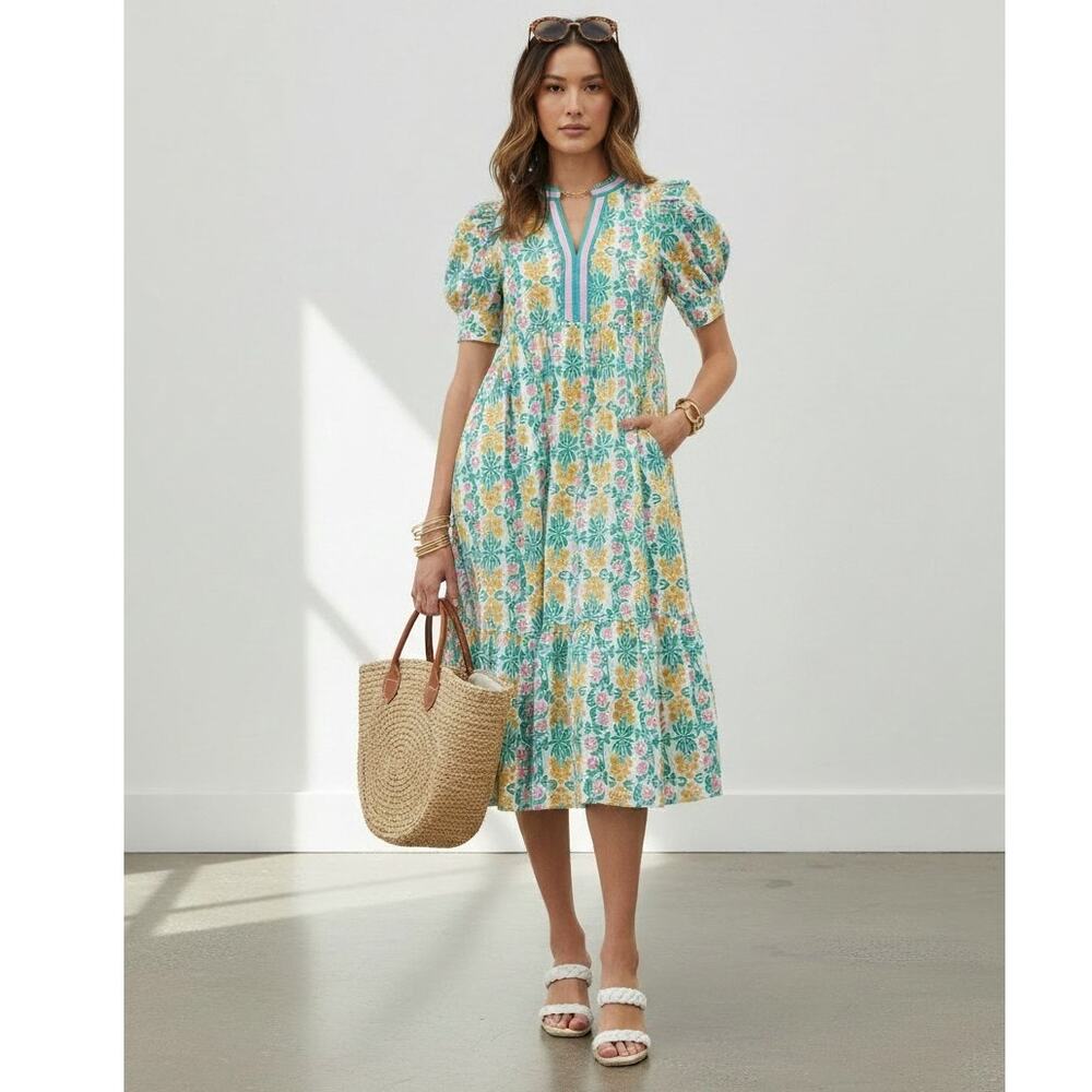 NWT Entro Floral Cotton Midi Dress Puff Sleeve Pockets Jade Small